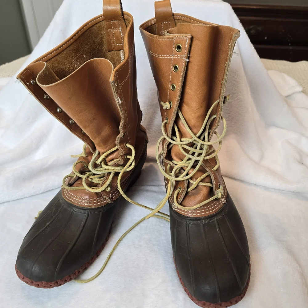 LL Bean Maine Hunting Shoe Tan Leather Brown Rubber Boots Bean-Boots Size 12